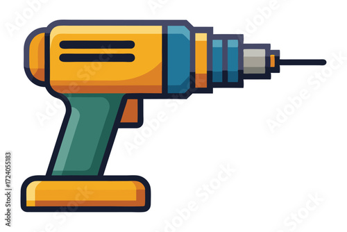 Isolated battery powered drill with teal handle and yellow body illustrates modern tool