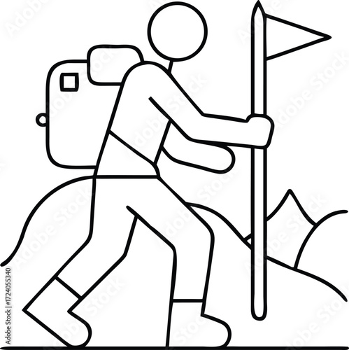 A minimalistic line drawing of a hiker conquering a mountain peak