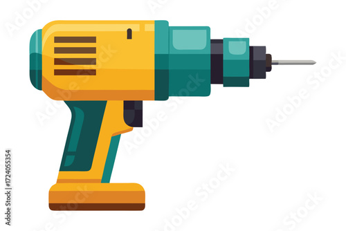 Yellow and teal cordless drill tool features a silver drill bit on white backdrop