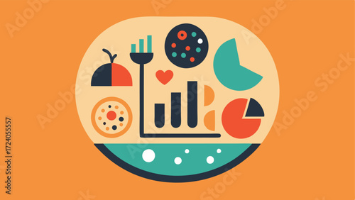 Calorie Tracker Tattoo A simplistic plate icon filled with various food icons with a bar graph symbolizing calories burned versus ingested in a playful arrangement.