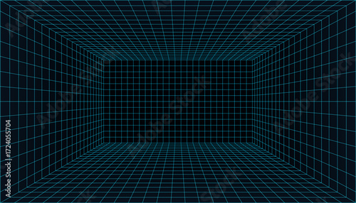 Simple futuristic 3D perspective grid in glowing blue against a dark background, representing virtual reality, data environments, or technology.