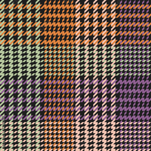 Orange, Black and purple green Houndstooth Tartan Seamless Vector Pattern Tile. Halloween Background. High Fashion Textile Print. Dog tooth Check Fabric Texture. black background