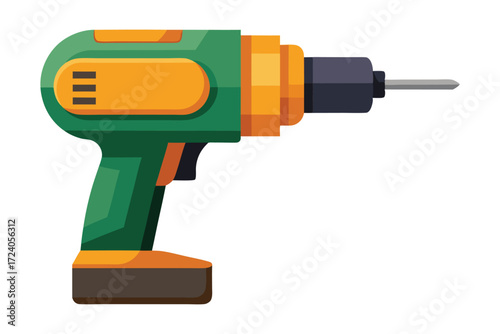 Battery powered drill in green and orange with a bit shown in detail