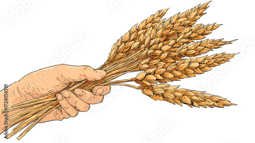 Hand Holds Wheat Ears on White Background Vector EPS