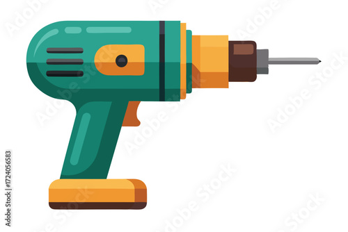Isolated drill machine depicts a teal handle and yellow front on a white backdrop