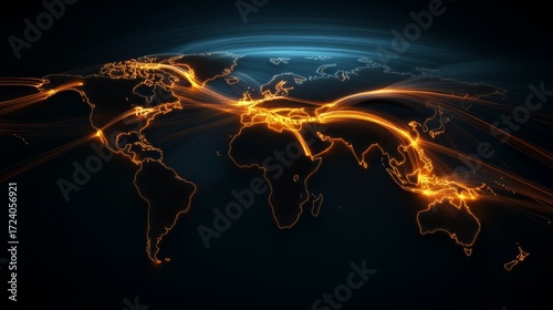 Global connectivity through digital networks virtual world infographic dark theme aerial view technology and communication concepts