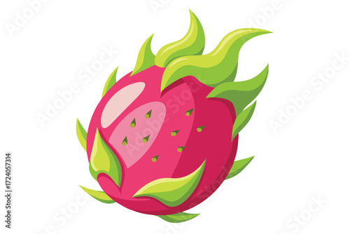Cartoon dragon fruit displaying vibrant pink skin and unique lime green spikes on a white backdrop