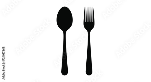 Simple black spoon and fork illustration against a white background silhouette