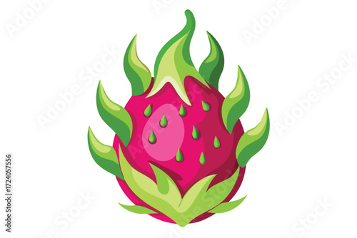 Vibrant dragon fruit with bright green leaves appears against a clean, isolated backdrop