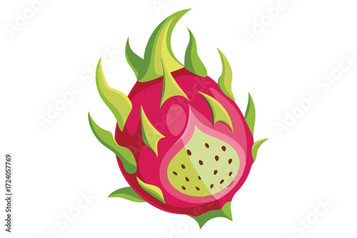 Pink dragon fruit showing its white flesh and seeds sits on a white backdrop