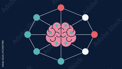 Data Analysis A graphic showing a brain with lines connecting to circular data nodes representing the devices processing of brainwave information.