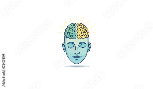 Stylized illustration of a human head with a divided brain, radiating light.