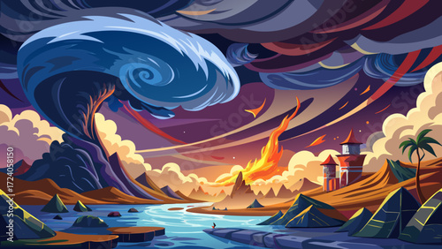 very beautiful Apocalyptic dramatic background, giant tsunami waves, dark stormy sky, Tornado. Huge waves Tsunami Big waves.