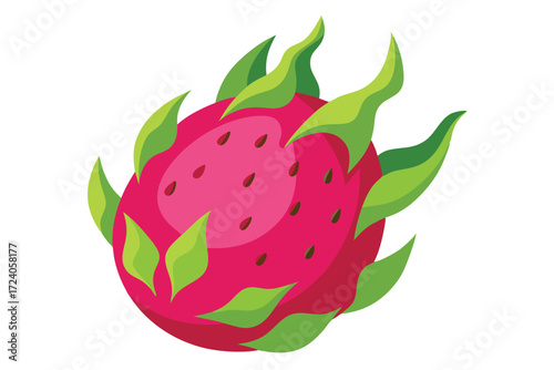 Fresh bright pink pitaya with green leaves reveals its tiny brown seeds clearly