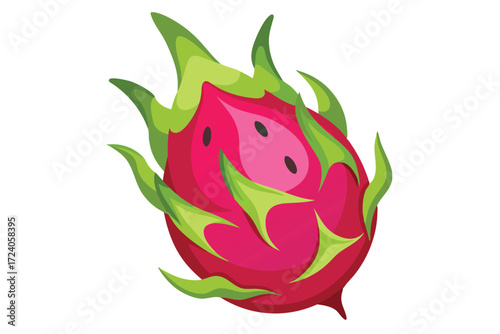 Isolated pink pitaya with small black seeds and green spikey leaves is displayed