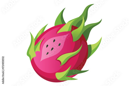 Pink dragon fruit with green scales shows its white interior and small black seeds