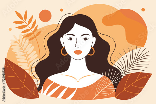 A stylized portrait of a woman with long, dark, wavy hair, set against a backdrop of organic, warm autumnal colors.