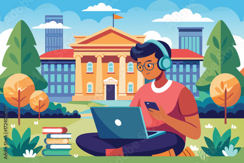 A young person, likely a student, sits on a grassy campus area, utilizing a laptop and phone.
