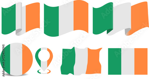 Collection of Ireland national flags in different shapes, waving banners and map pin icons