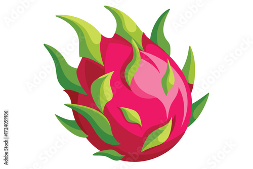 Vivid single dragon fruit displays its vibrant pink skin and bright green leaves
