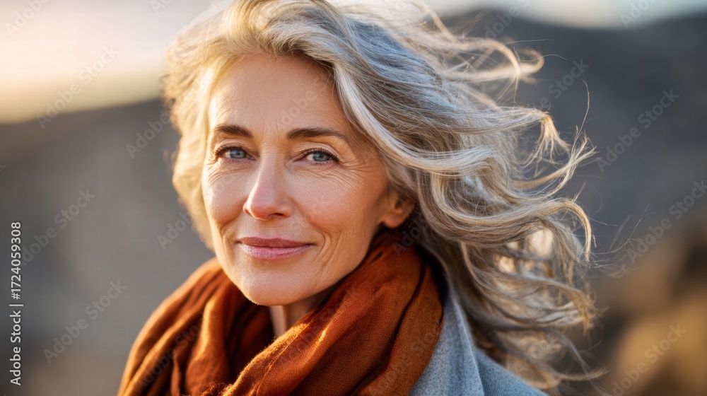 Fototapeta premium Smiling senior woman with flowing gray hair outdoors