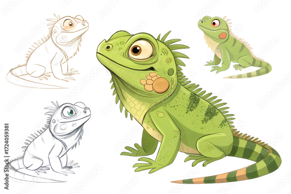 Fototapeta premium Various Iguanas PNG – Cartoon and Realistic Iguana Illustrations on Transparent Background