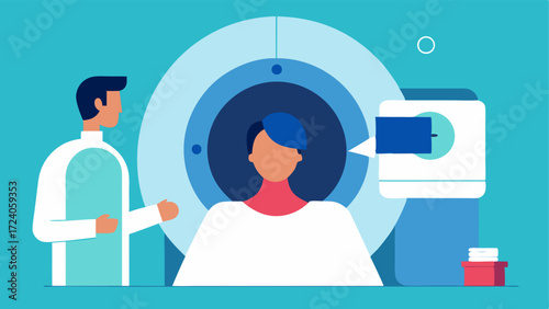 Diagnostic Scene An MRI machine with a patient inside showing only the head and part of the body while medical staff observes from a control room.