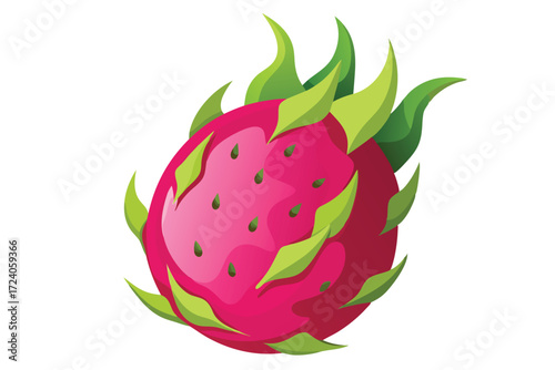 Vibrant pink dragon fruit shows green leaves, small teardrop shape spots decorate its exterior