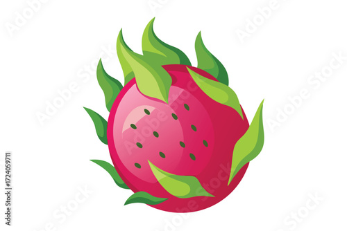 Vivid pink dragon fruit reveals its green scales in a detailed rendering