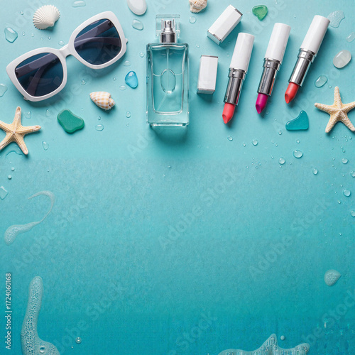 Summer beauty products including perfume and lipsticks on blue background  