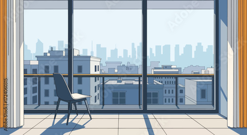 Minimalist urban apartment view overlooking a city skyline perfect for contemplation