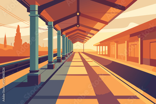 Perspective view of a train station platform