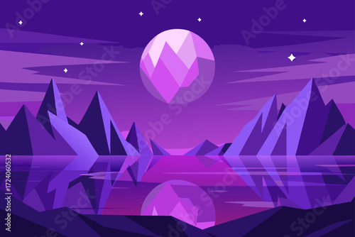 Purple landscape with moon and mountains