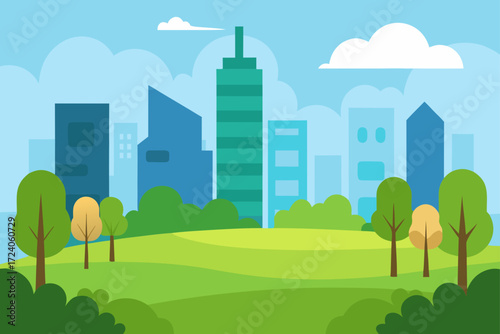 City skyline view from a green park area
