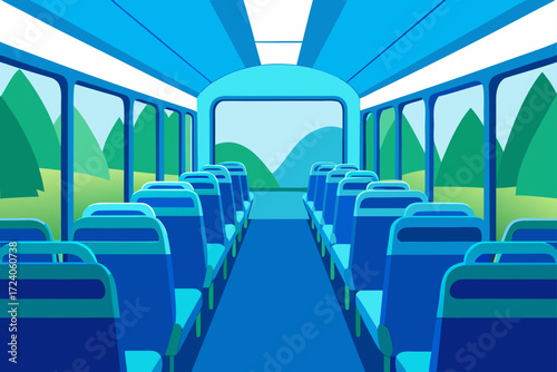 Interior view of a blue passenger train
