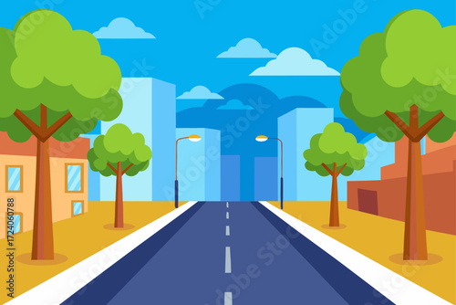Cartoon city street with trees and clouds