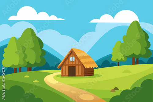 Cartoon landscape with house and sky view