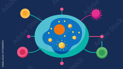 Cellular Response Illustration A simplified cell with different colored receptors on the surface interacting with various environmental molecules leading to changes inside the