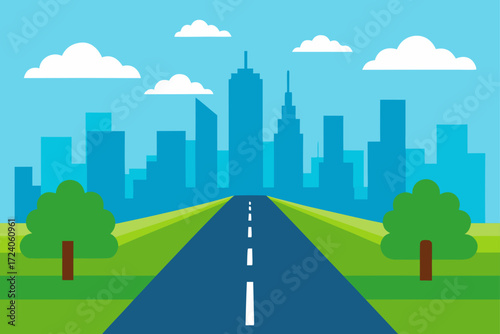 Road leading to a city with trees and sky