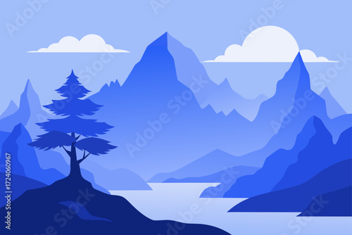 Blue mountain landscape with a lone tree