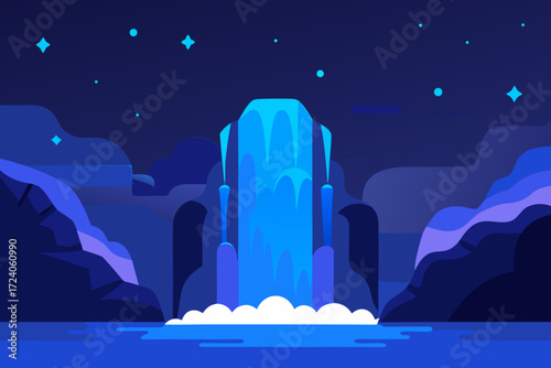 Waterfall landscape with stars in the sky