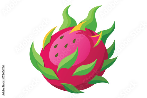 A ripe cartoon dragon fruit with green and yellow leaves is freshly isolated