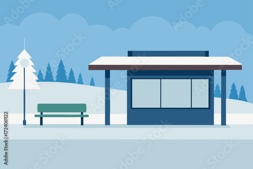 Winter scene with bus stop and snow covered