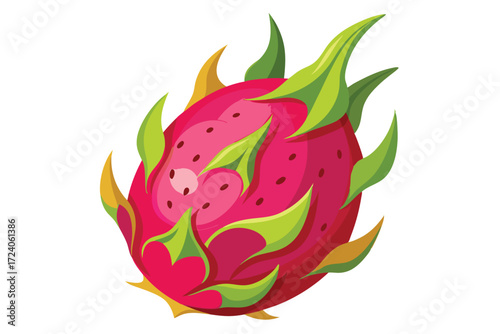 Bright pink dragon fruit features spiky green foliage and a vibrant magenta hue