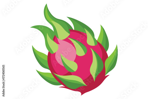 Colorful pink dragon fruit features vivid green leaves around its textured outer skin