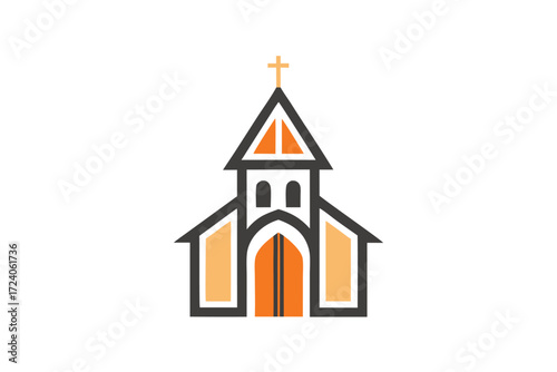 Church icon with orange cross on top has geometric minimalist style on white
