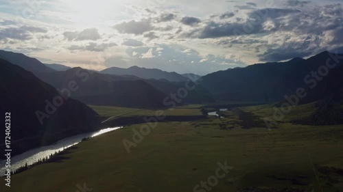 Aerial view of the valley with the river between the mountains