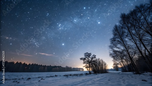 Starry sky in a snow-covered forest