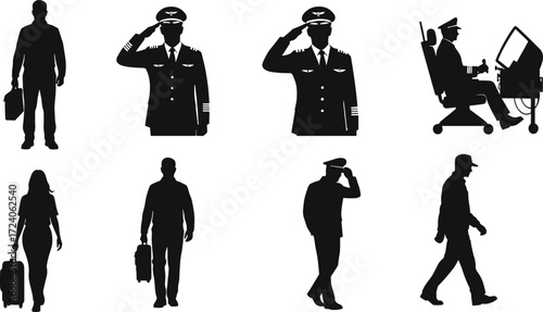 Airline pilots, flight crew, aviation staff, cockpit control, airport workers, travel passengers, professional uniform, airplane captain, luggage icons, aviation transport