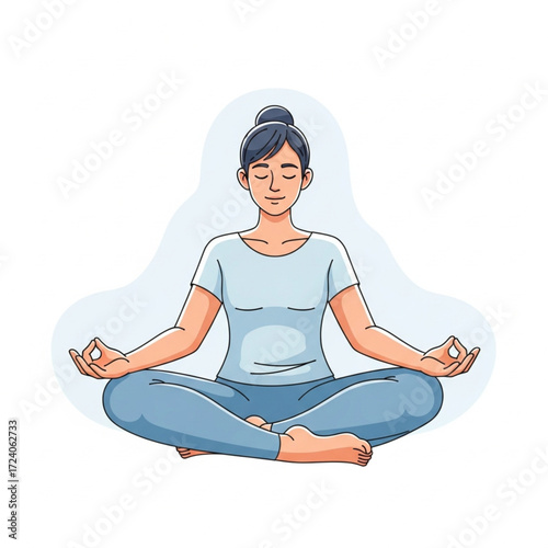A woman meditating peacefully in a lotus position, with her eyes closed and hands resting on her knees.